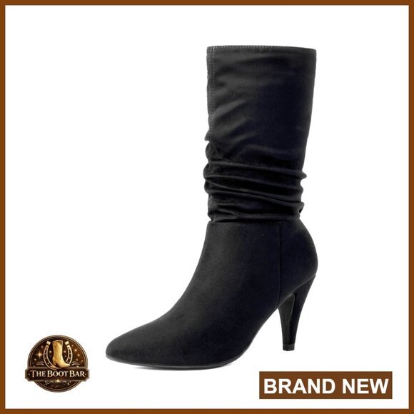 Shoes - Slouchy Mid Calf Boots Pointed Toe Stiletto Heels Faux Suede Fall Winter
